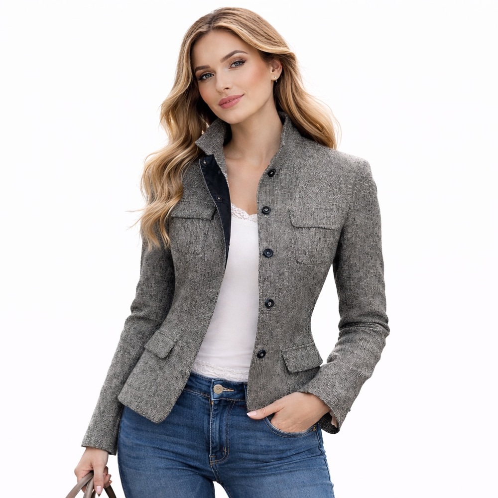Tahari Grey Black Tweed Blazer Jacket Tailored Wool Blend Military Size 6 S/XS